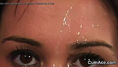 hot babe gets cum shot on her face swallowing all the cum!