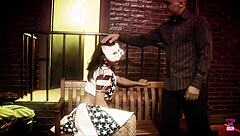 A guy spots a naughty brunette with kitty mask, tattoo, and shoes, prepared for a facial.