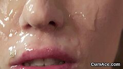 Randy peach gets sperm shot on her face swallowing all the jizz in blowbang.