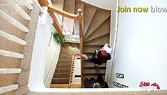 blow me pov, redhead babe sucks two juicy cocks