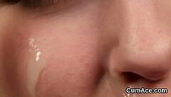 Unusual centerfold receives sperm load on face swallowing jizm