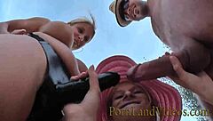 hot threesome with two sluts playing with cock and strapon