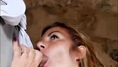 Couple fucks outdoors in medieval village