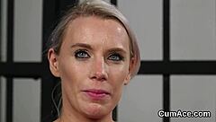 flirty centerfold gets jizz load on her face gulping all the charge!