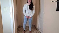 Teen pisses desperately in jeans and jacket