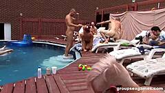 Wild group sex games heat up by the poolside