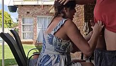 Amateur Brunette Sucking Cock Outdoors in Dress