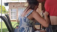 Amateur Brunette Sucking Cock Outdoors in Dress