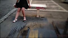 No panty short dress upskirt pussy flash in city public walking front everyone misscreamy