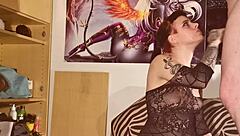 skinny goth babe choking on daddy's cock with sloppy blowjob