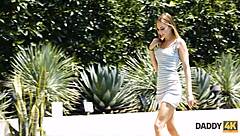 Athletic man intensely fucks son's cute girlfriend outdoors by the pool