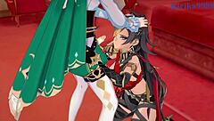 La Signora, Dehya, and Venti in a Genshin Impact hentai scene