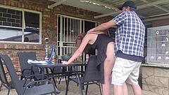 Neighbor's wife gets outdoor upskirt fuck while husband is at work