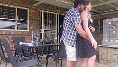 Neighbor's wife gets outdoor upskirt fuck while husband is at work