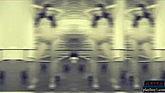 Sexy brunette models striptease, shaved pussy and clothes ripped for playboy