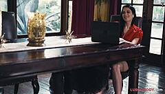 Saggy Titted Lesbian Girlfriend Interrupts Online Meeting