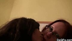 two teen 18+ lesbians play with camera in bedroom