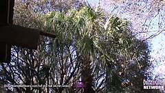 petite brunette coed flashes upskirt panties then strips nude in public park