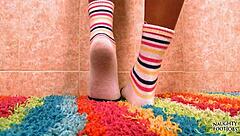Keeani, the slutty little 18+ teen, teases with her socks in a footjob scene.