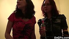 two teen 18+ lesbians play with camera in bedroom