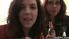 two teen 18+ lesbians play with camera in bedroom