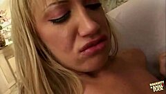 Horny blonde Tina Fine gets fucked on the couch in both holes, riding monster cock.