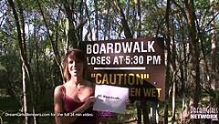 petite brunette coed flashes upskirt panties then strips nude in public park