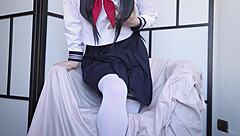 Japanese student Bella Hentaigirl masters squirting with Hitachi wand!