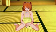 Horny Asuka gives guided handjob in yellow dress