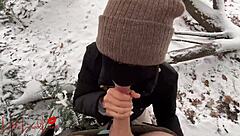 asian luna sucks big white cock in snowy public park almost caught by neighbors