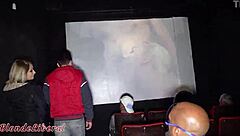 Milf's First Gangbang In Porn Cinema, Guys Cum In Mouth