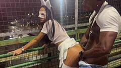 Skinny Bunny Crossdresses and Fucks on Street Catwalk, in Car Under Rain, Almost Caught