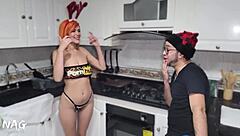 Jade Mercury, Santa's favorite servant, gives William Vega a sexual gift with her monster cock in the kitchen