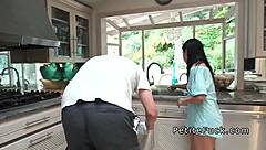 Petite Asian Without Panties Deepthroats and Bangs Monster Cock in Kitchen