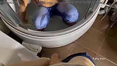 teen feet in shower squirting golden shower on face