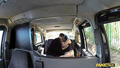 Hot couple has sex in a fake taxi cab