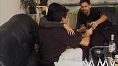 horny bitch fucks two cocks hard and gets facial cumshot!