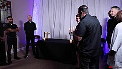 slave joins muscular men in cock orgy