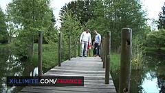 Blonde and Brunette Have Hardcore Orgy in Wood Hut