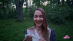 Yo, check this nympho getting a powerful cumshot on her face in the forest!