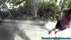 young teen 18+ gets jizzed for money in public blowjob session with amateurs