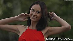 brunette sade mare teasing shaved pussy outdoors