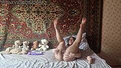 girl in nylon pantyhose fucks hairy pussy with huge dildo