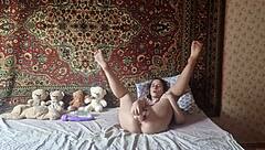 girl in nylon pantyhose fucks hairy pussy with huge dildo