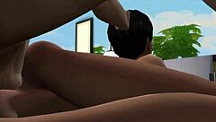 In The Sims, the character engages in sucking her friend's cock