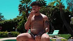 Muscular jocks celebrate with interracial bareback 4some.