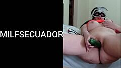 Latina milf uses cucumber for solo ass play