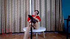 Curvy housewife strips in pantyhose and heels at round table