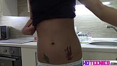 Hot Miranda feels intense pleasure stripping and masturbating in the kitchen