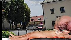 agarabas and olpr lick shaved pussies in public square voyeur scene